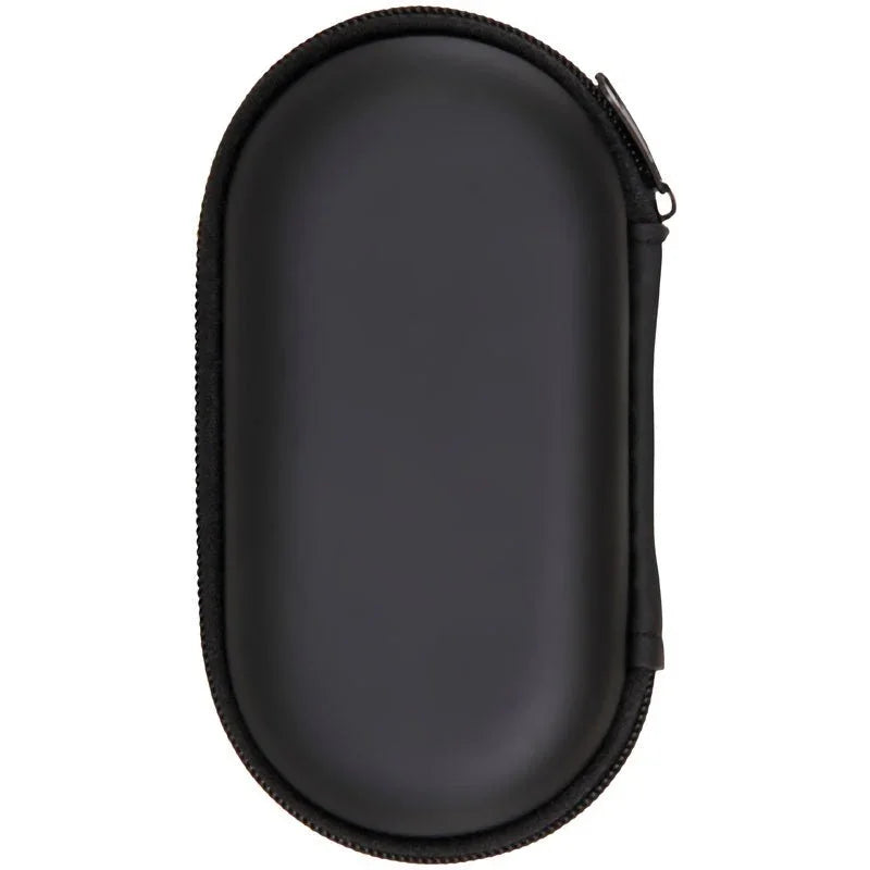 Black zippered travel case for sex toys, hard-shell exterior, compact oval design.