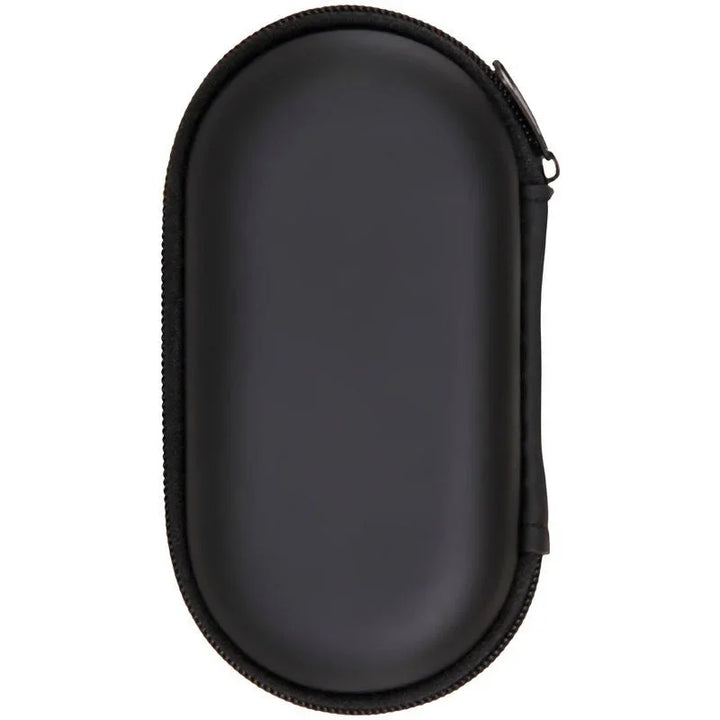 Black zippered travel case for sex toys, hard-shell exterior, compact oval design.