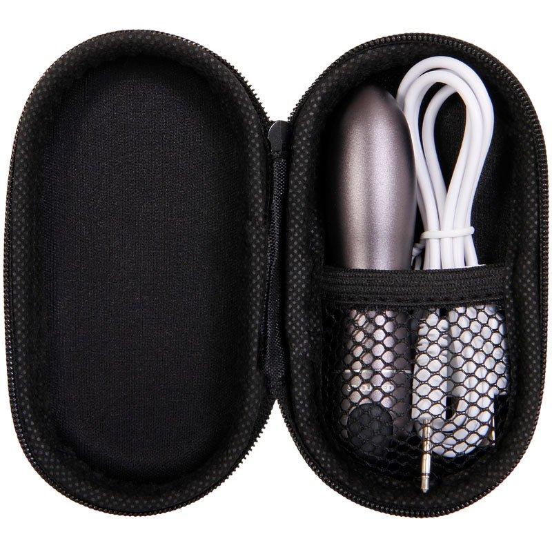 Silver vibrator in black case, body-safe material, rechargeable with USB cable.