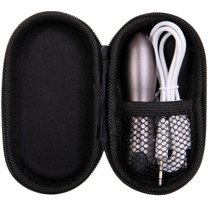 Silver vibrator in black case, body-safe material, rechargeable with USB cable.