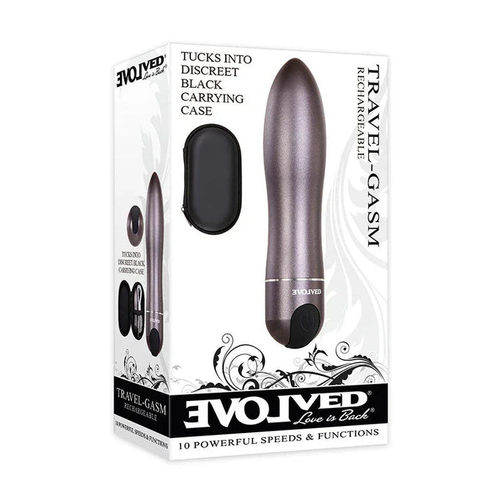 Evolved Travel-Gasm Rechargeable Vibrator in mauve, body-safe silicone, with discreet black carrying case.