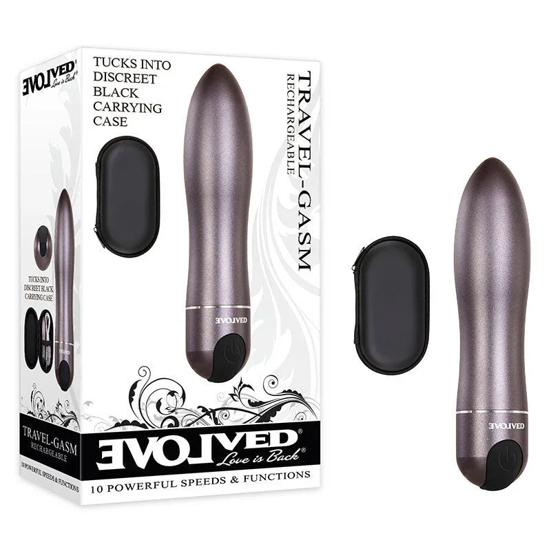 Evolved Travel-Gasm Rechargeable Vibrator in mauve, silicone, waterproof with 10 speeds & discreet case.