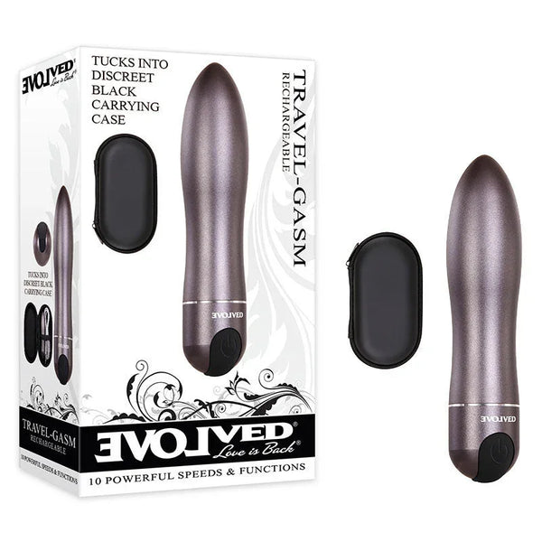 Evolved Travel-Gasm Rechargeable Vibrator in mauve, silicone, waterproof with 10 speeds & discreet case.