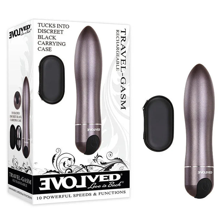 Evolved Travel-Gasm Rechargeable Vibrator in mauve, silicone, waterproof with 10 speeds & discreet case.