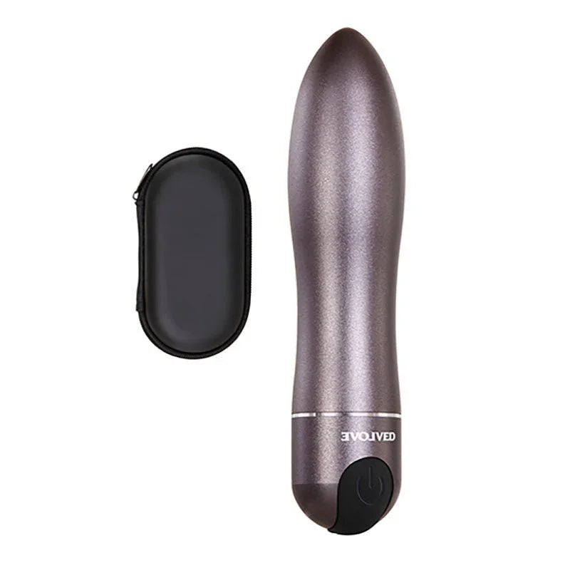 Evolved wand vibrator in metallic grey, body-safe silicone, waterproof with travel case.