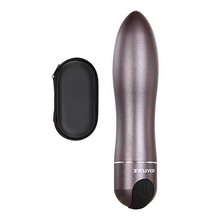 Evolved wand vibrator in metallic grey, body-safe silicone, waterproof with travel case.