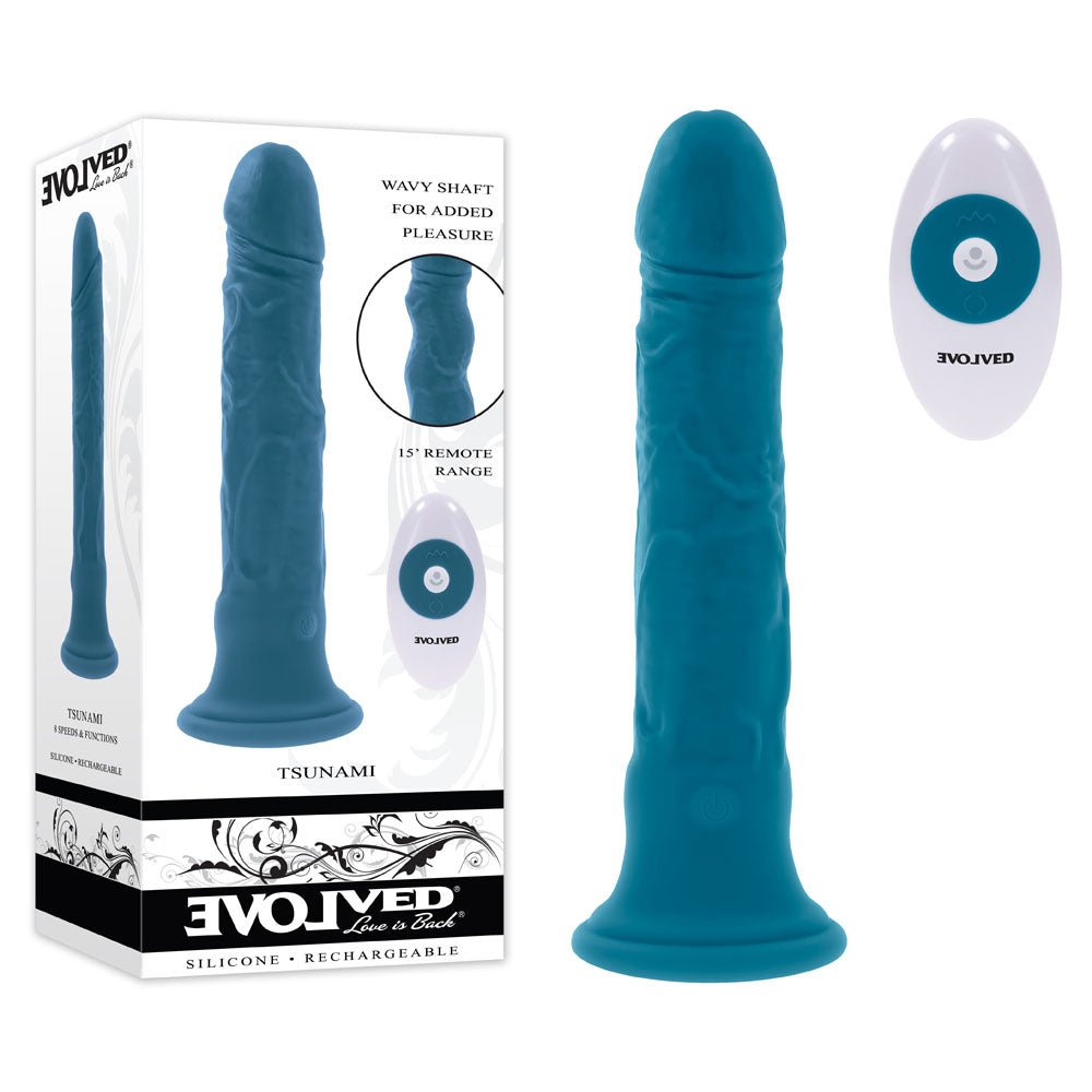 Evolved TSUNAMI - Blue 18.4 cm USB Rechargeable Vibrating Dong with Remote Control – Sex toys NZ by Naughtyhut. Discreet delivery nationwide.