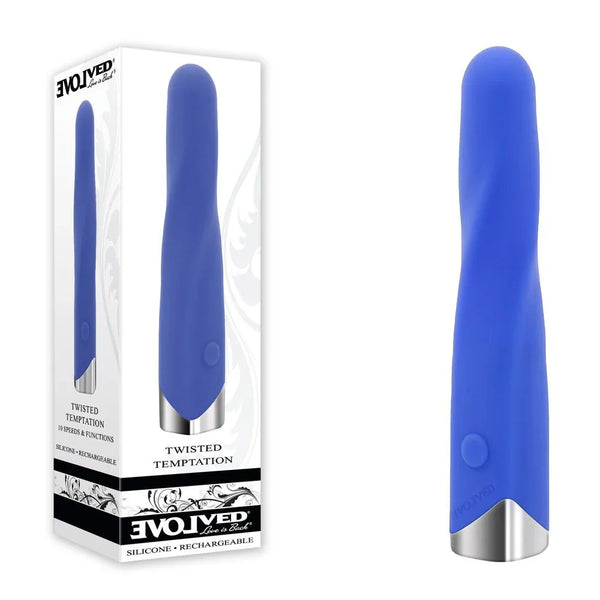 Evolved Twisted Temptation retail box beside the Blue bullet vibrator with chrome base