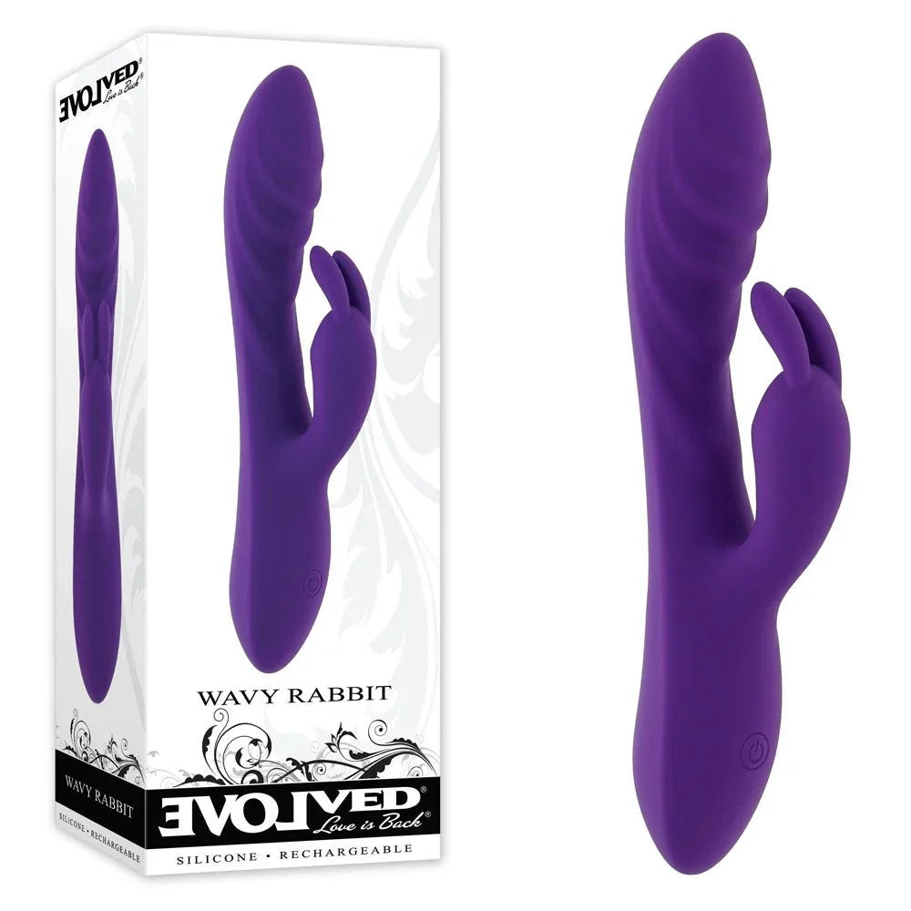 Evolved Wavy Rabbit retail box beside the Purple G-spot rabbit vibrator with its wavy shaft