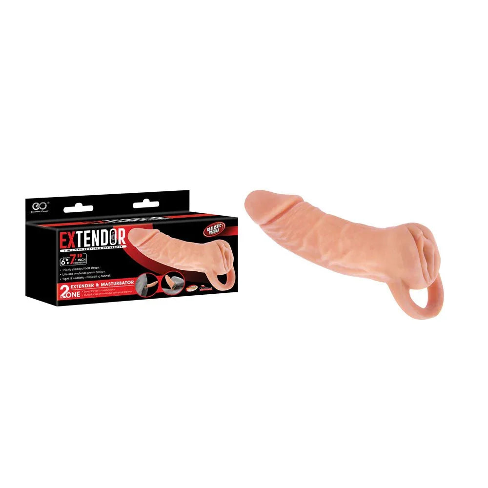 Extendor 7 inch 2-in-1 extender sleeve in Flesh, angled beside its red retail box