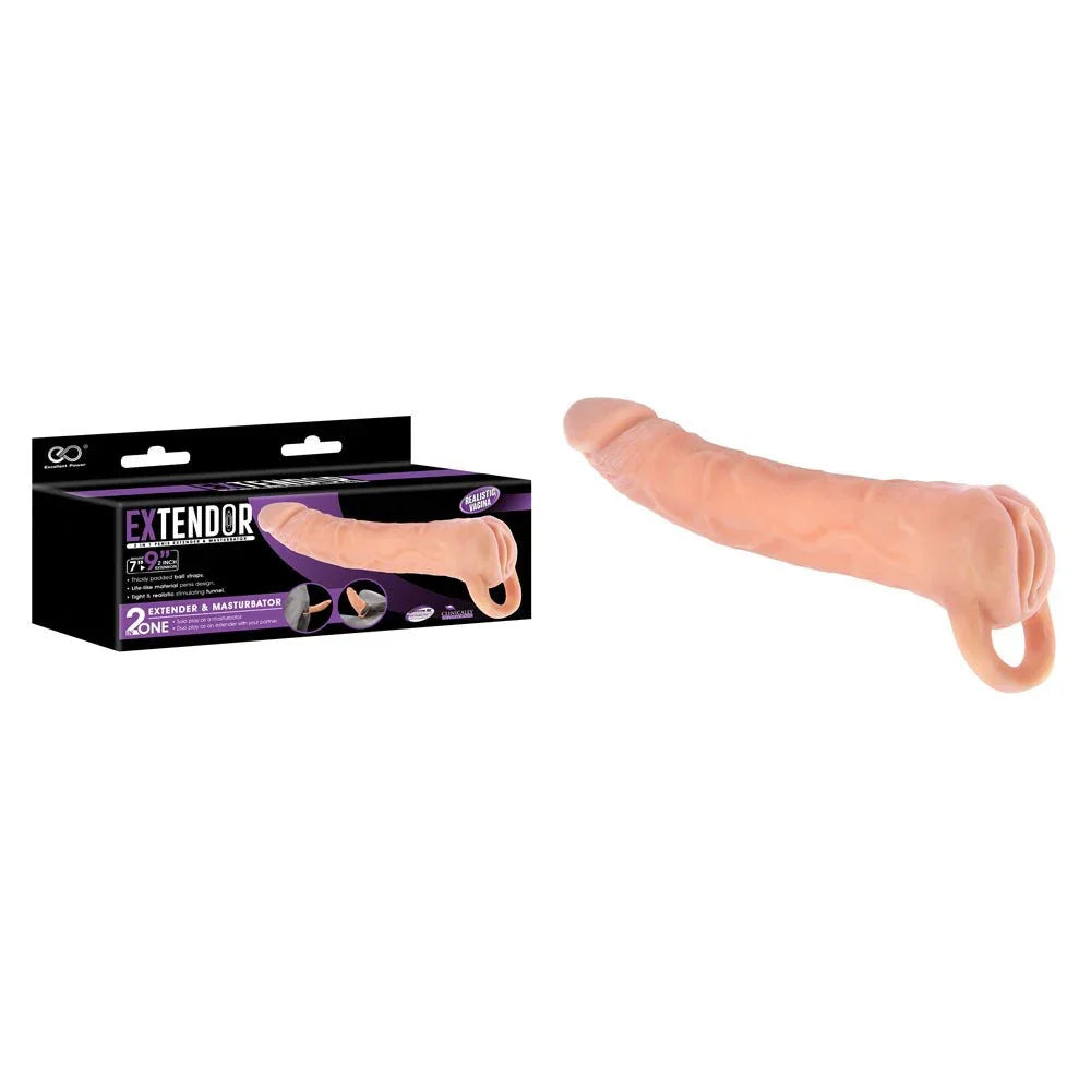 Extendor 9 inch 2-in-1 extender sleeve in Flesh with ball loop, beside its purple box