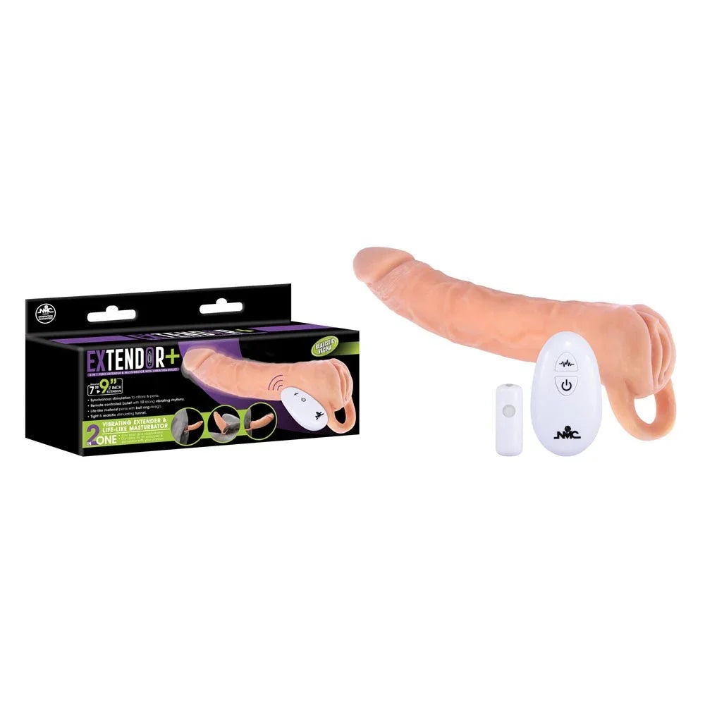 Extendor+ extender and stroker in Flesh, with oval remote, beside its retail box
