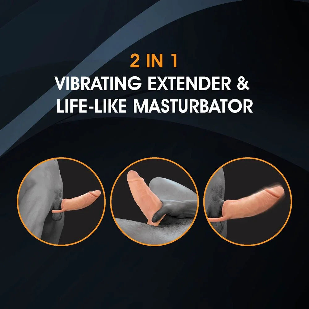 Extendor+ 2-in-1 diagram, three insets showing extender and masturbator use