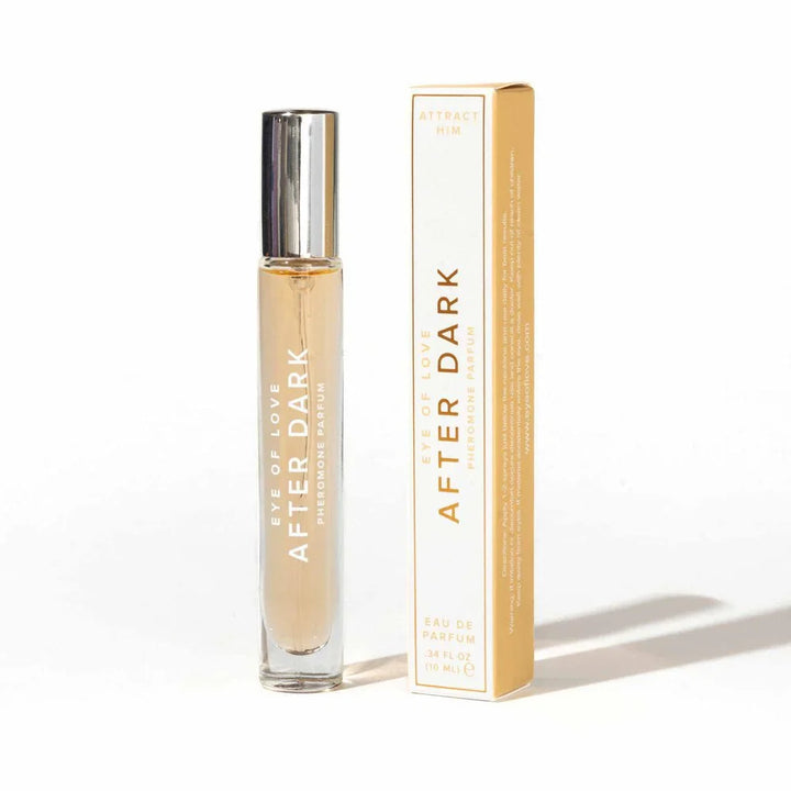 Eye Of Love After Dark Pheromone Perfume 10ml, slim spray vial beside its gold carton