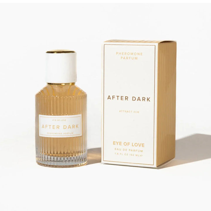 Eye Of Love After Dark Pheromone Perfume 50ml, ribbed amber bottle beside its cream carton