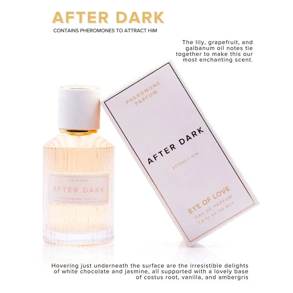 Eye Of Love After Dark scent chart, bottle and carton with lily, grapefruit and vanilla notes