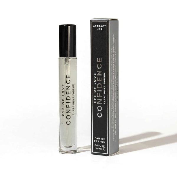 Eye Of Love Confidence Pheromone Cologne 10ml, slim spray vial beside its black carton