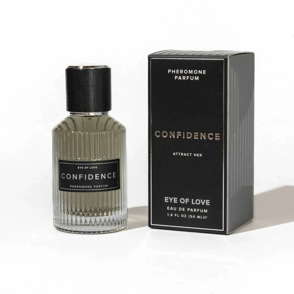 Eye Of Love Confidence Pheromone Cologne 50ml, ribbed glass bottle beside its black carton