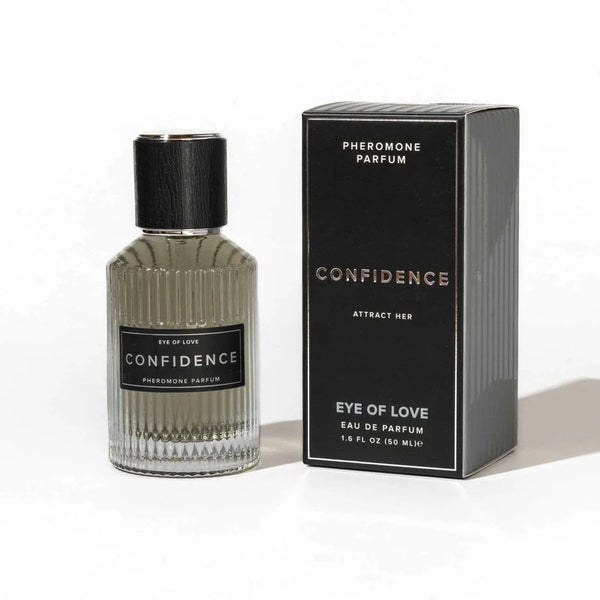 Eye Of Love Confidence Pheromone Cologne 50ml, ribbed glass bottle beside its black carton