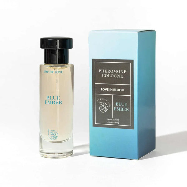 Eye Of Love Love In Bloom Blue Ember Cologne 30ml, clear bottle beside its pale blue box