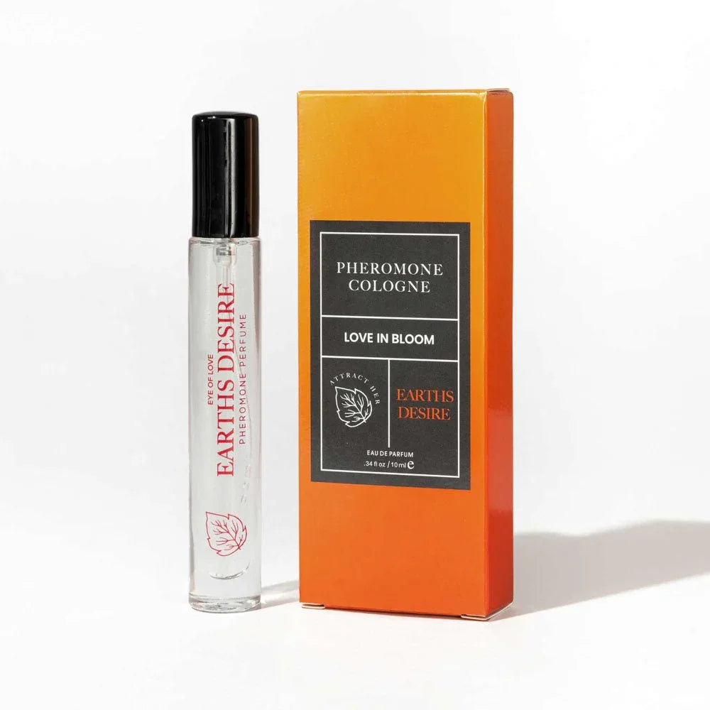Eye Of Love Love In Bloom Earth's Desire Cologne 10ml, slim spray vial beside its orange box