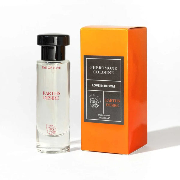 Eye Of Love Love In Bloom Earth's Desire Cologne 30ml, clear bottle beside its orange box