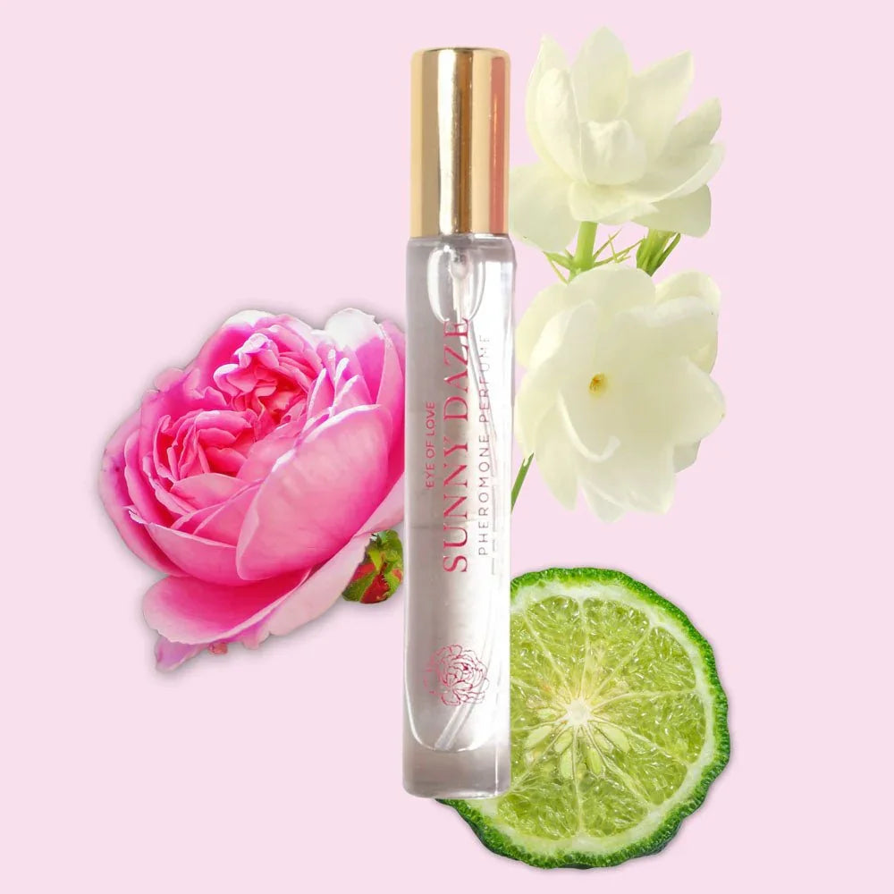 Sunny Daze 10ml vial on pink with a rose, jasmine and a bergamot slice as scent notes