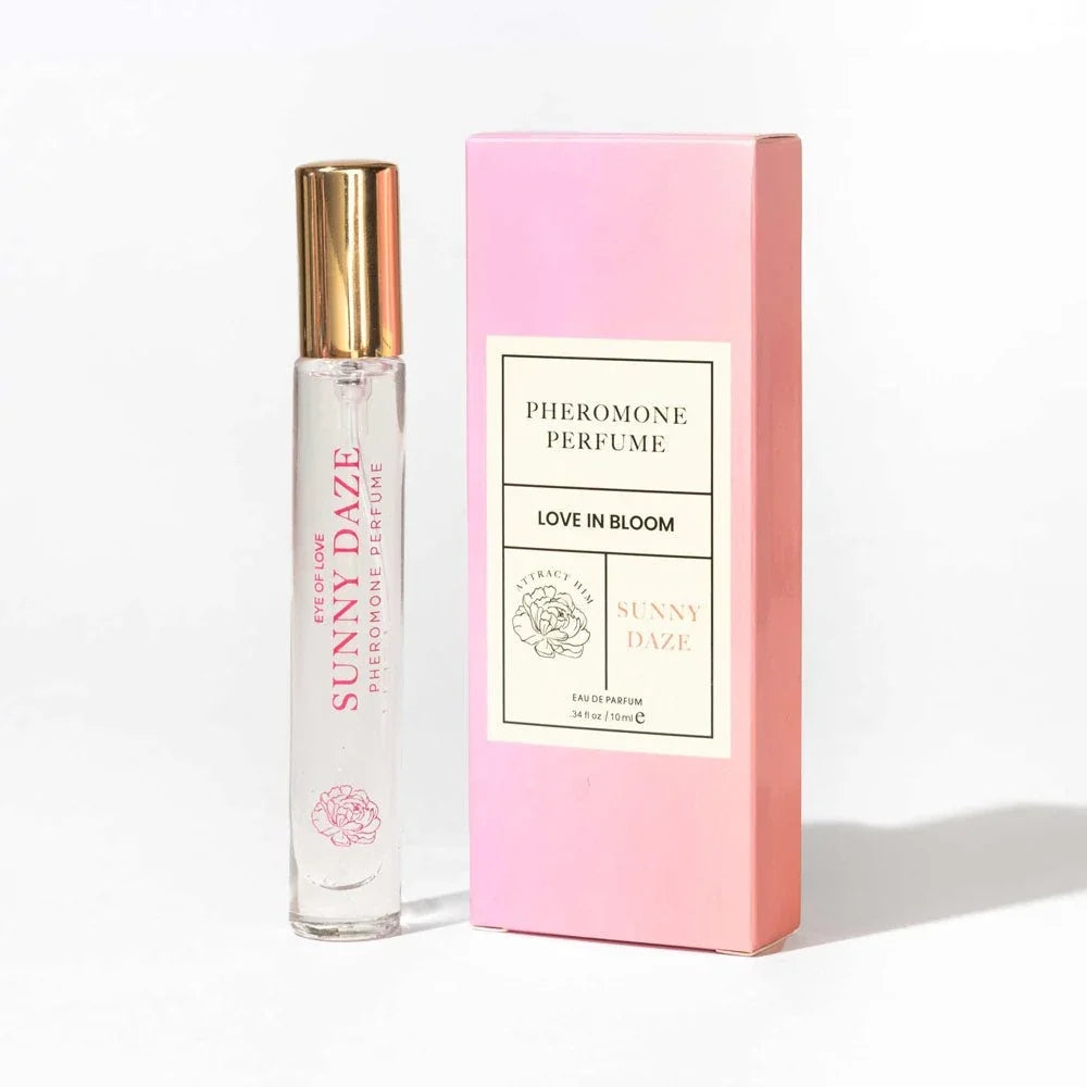 Eye Of Love Love In Bloom Sunny Daze Perfume 10ml, gold-capped vial beside its pink box