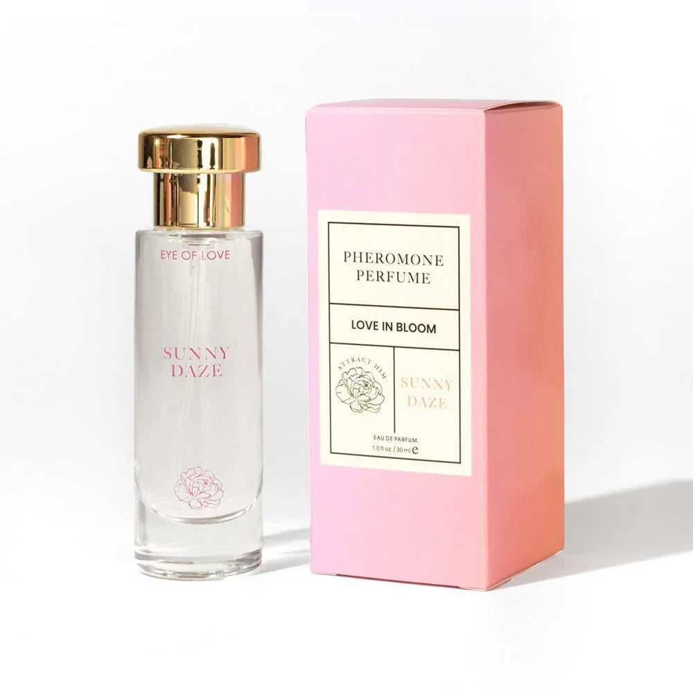 Eye Of Love Love In Bloom Sunny Daze Perfume 30ml, gold-capped bottle beside its pink box