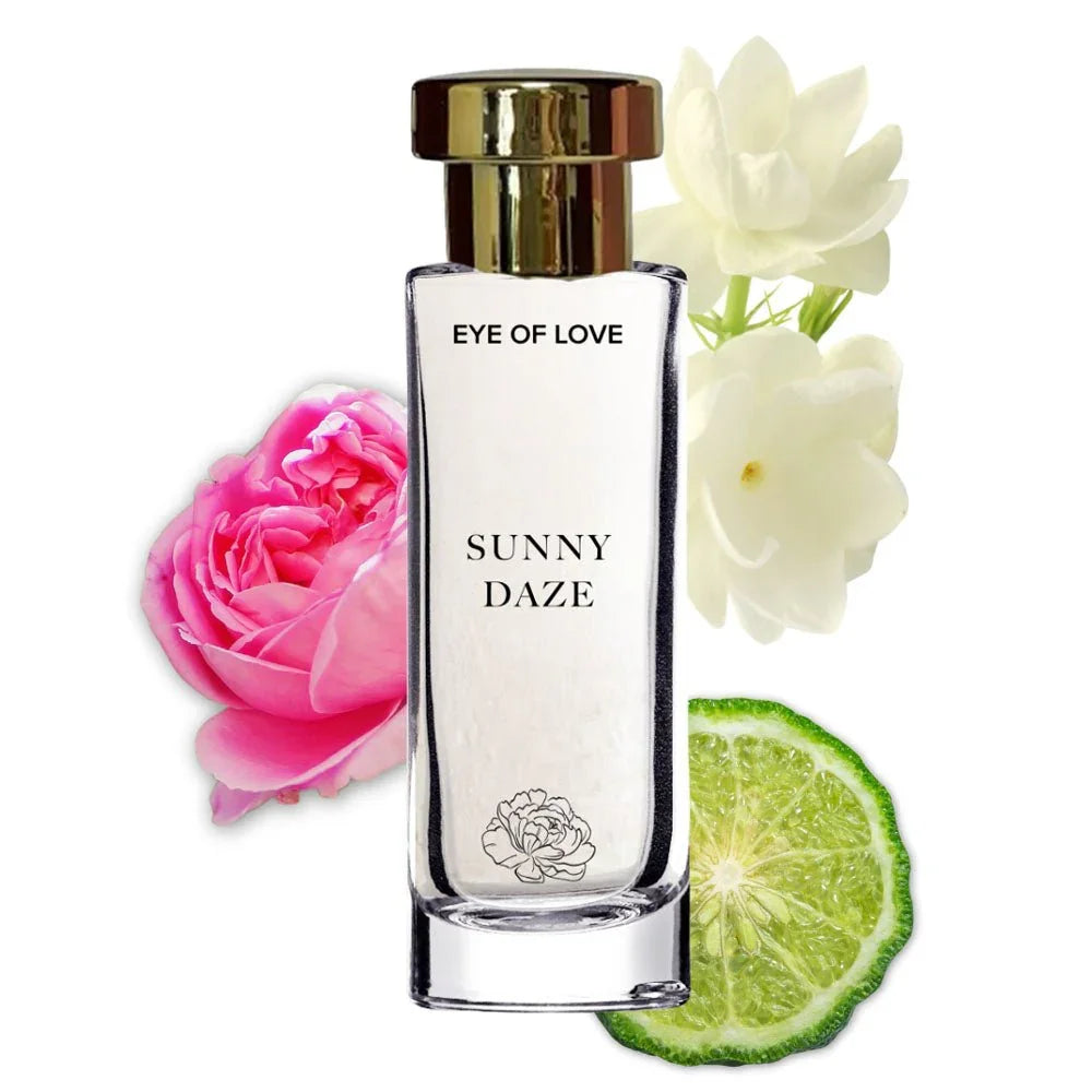 Sunny Daze 30ml bottle on white with a rose, jasmine and a bergamot slice as scent notes