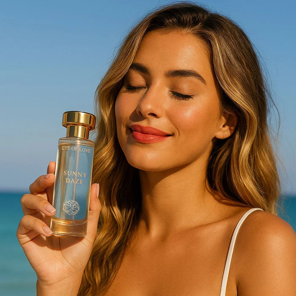 Woman at the beach holding the Eye Of Love Sunny Daze 30ml bottle, eyes closed
