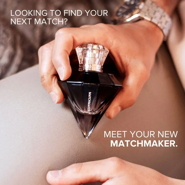Meet Your New Matchmaker banner, hand resting the black diamond bottle on a bare thigh