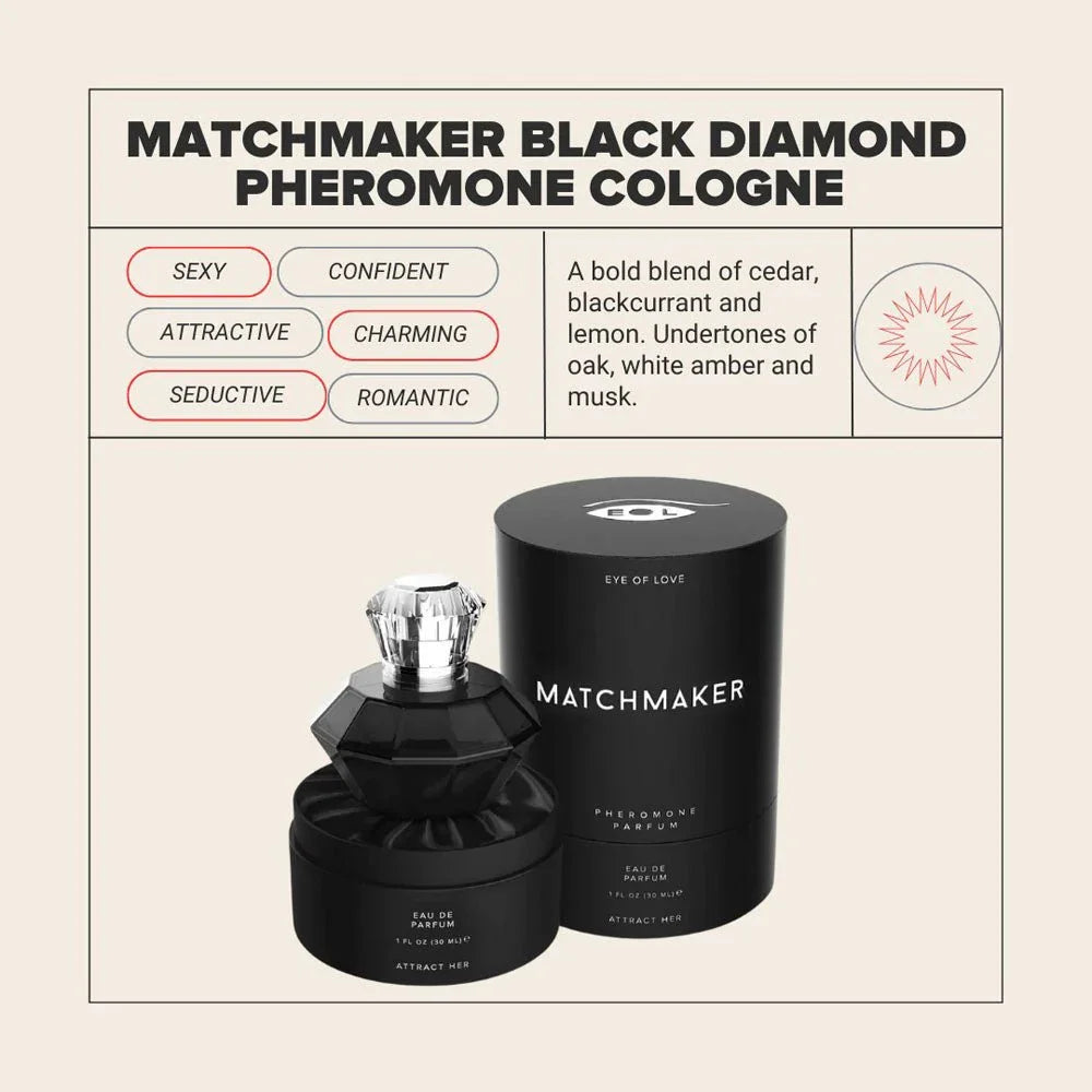 Matchmaker Black Diamond info card, faceted bottle beside its black cylinder tube