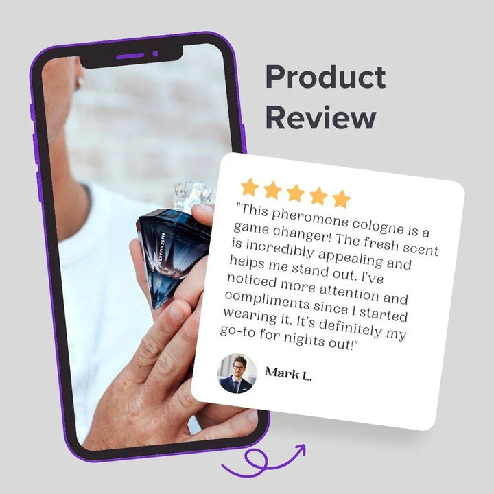 Product review graphic, a phone showing the bottle beside a five-star customer quote