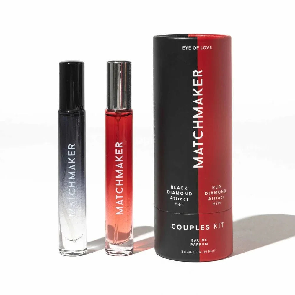 Matchmaker Couples Kit, black and red 10ml vials standing beside their red and black tube