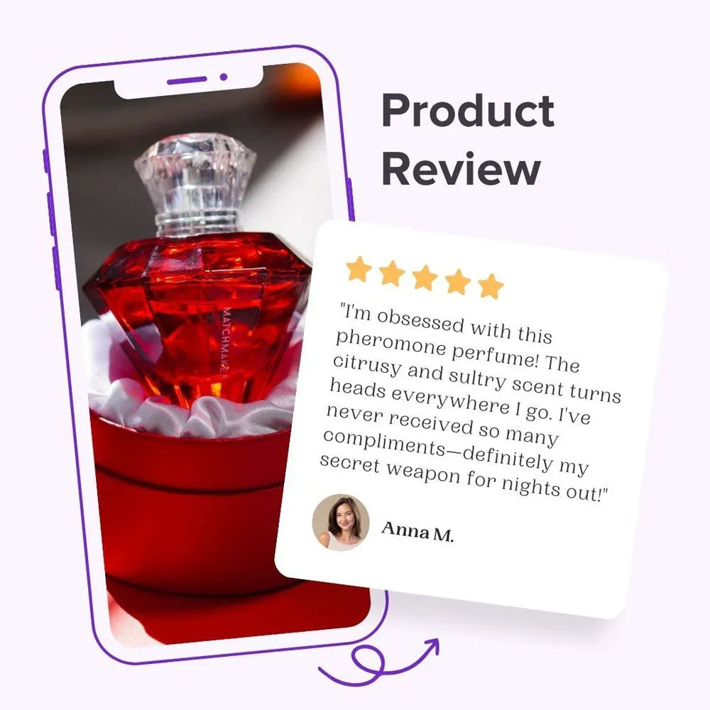 Product review graphic, phone showing the red bottle beside a five-star customer quote