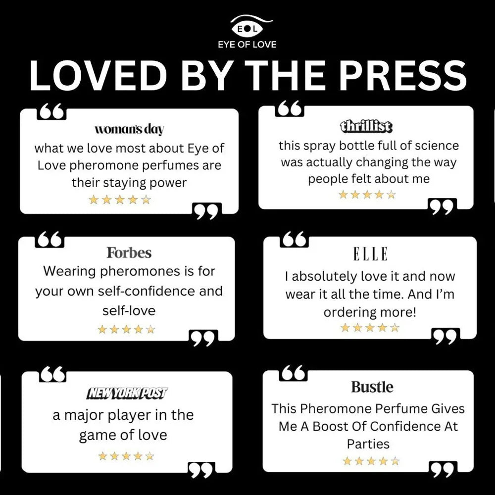 Loved By The Press graphic, six press quotes beside the Eye Of Love logo