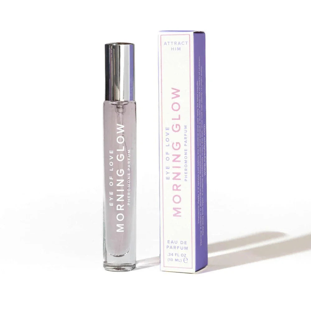 Eye Of Love Morning Glow Pheromone Perfume 10ml, slim vial beside its lilac carton