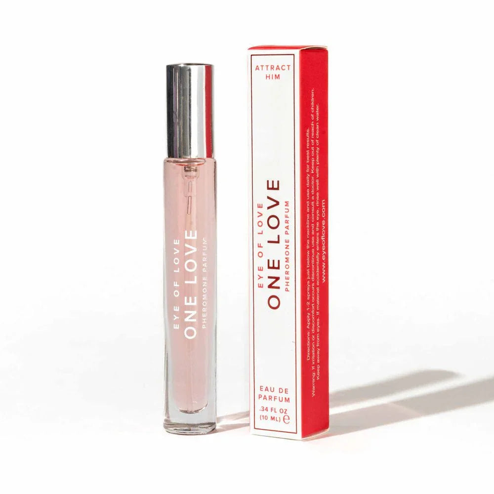 Eye Of Love One Love Pheromone Perfume 10ml, slim vial beside its red and white carton