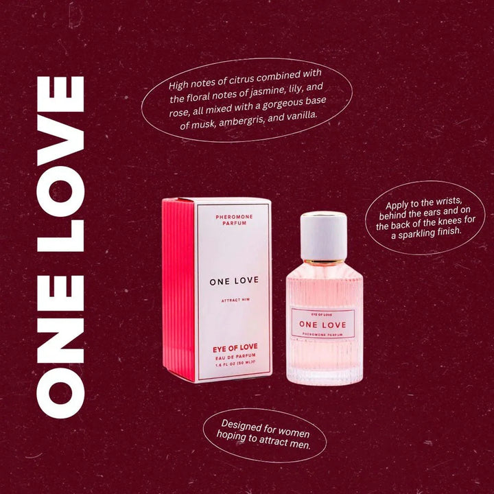 Eye Of Love One Love scent chart on deep red, carton and bottle with citrus and jasmine notes
