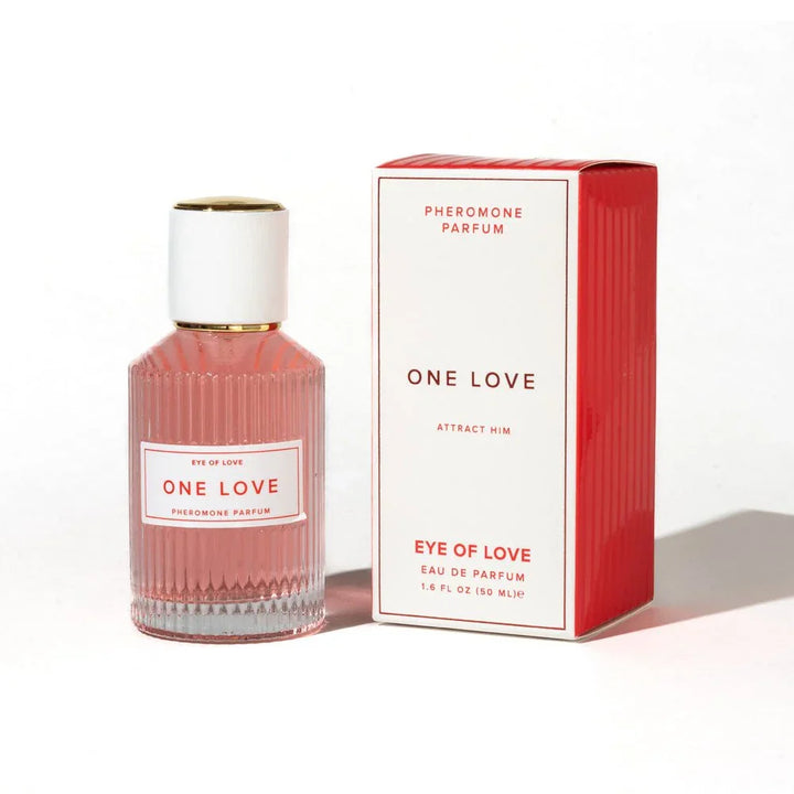Eye Of Love One Love Pheromone Perfume 50ml, ribbed pink bottle beside its red and white carton