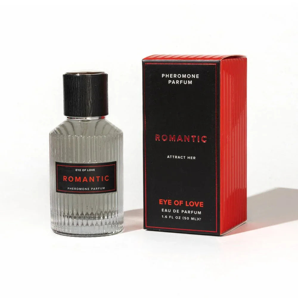 Eye Of Love Romantic Pheromone Cologne 50ml, ribbed grey bottle beside its red and black carton