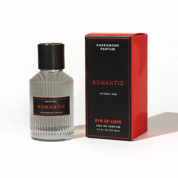 Eye Of Love Romantic Pheromone Cologne 50ml, ribbed grey bottle beside its red and black carton