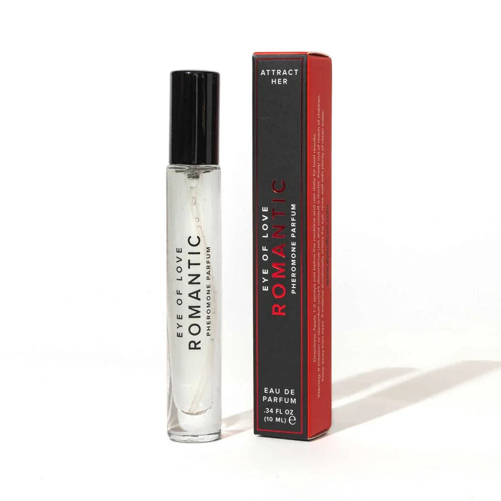 Eye Of Love Romantic Pheromone Cologne 10ml, slim clear spray vial beside its black and red box