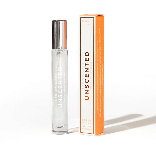 Eye Of Love Unscented Pheromone Perfume 10ml, slim clear vial beside its orange and white box