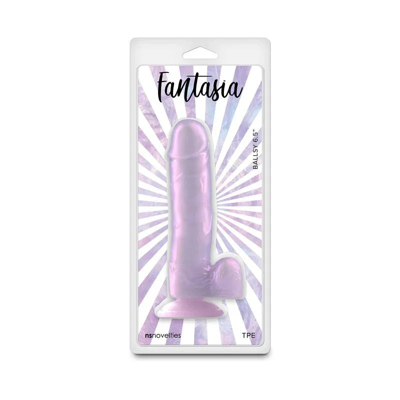 Fantasia Ballsy dildo in Orchid sealed in its Fantasia blister pack, front view