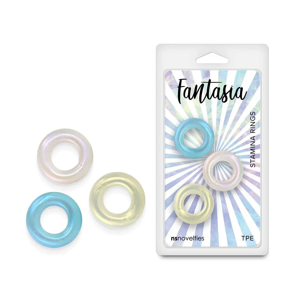 Fantasia Stamina Rings, pearl, blue and yellow cock rings beside the blister pack