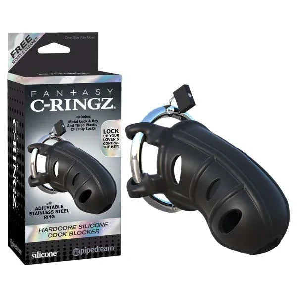 Pipedream Fantasy C-Ringz silicone chastity cage in Black with steel ring and lock, plus box