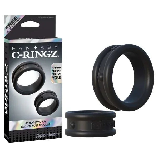 Pipedream Fantasy C-Ringz max width silicone rings in Black, two sizes, with their box