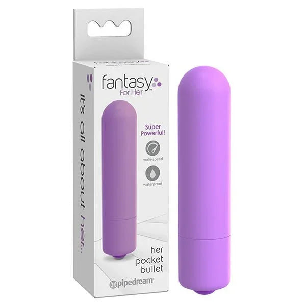 Pipedream Fantasy For Her pocket bullet in Purple shown beside its retail box